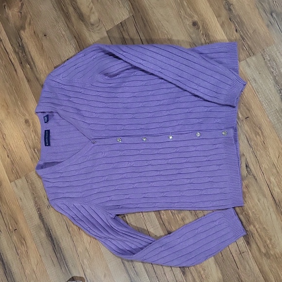 KAREN SCOTT Lilac Silk Angora Cable Knit V-neck Cardigan - Rhinestone Buttons - Picture 5 of 9